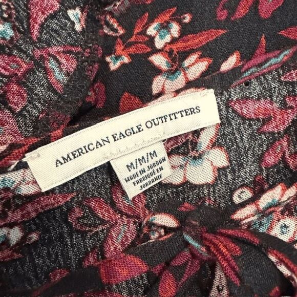 American Eagle Floral Print Mini Dress Black with Purple Tie Front Tassel Medium - Picture 5 of 10